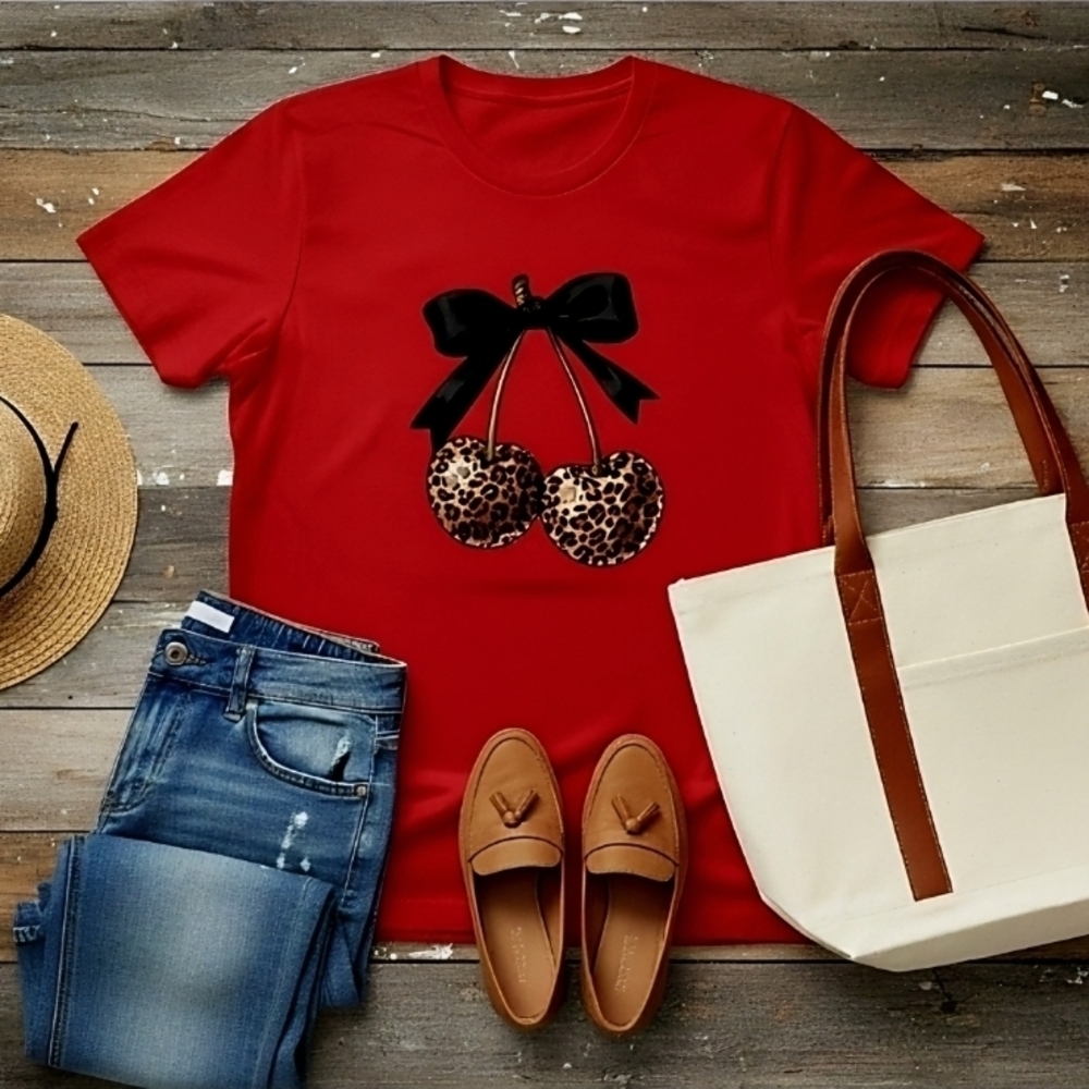 Leopard Print Cherry Bow Tee • Cute Graphic T-Shirt • Trendy Cherry Top •